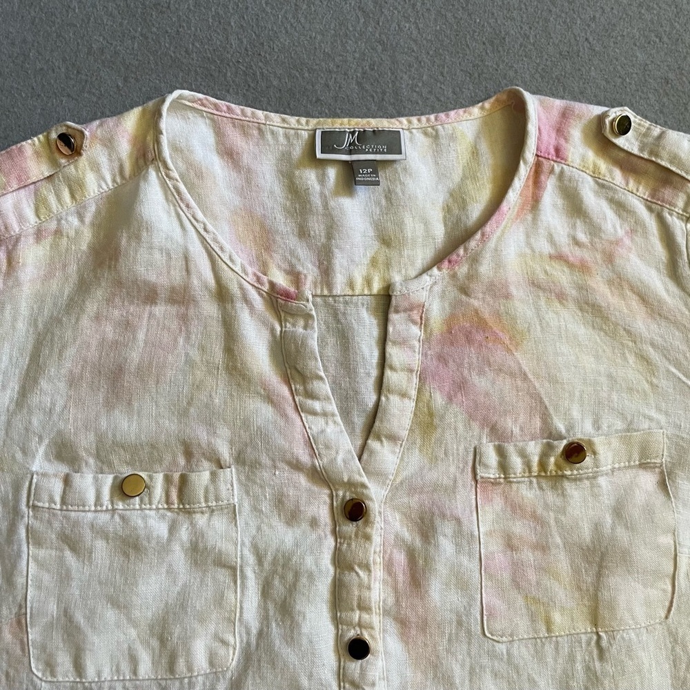 JM Collection Size 12P Women’s Button-Front Linen Top Pink Yellow Tie Dye Blouse - Picture 3 of 6